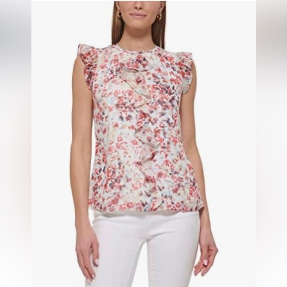 DKNY Women's Ruffled Cap Sleeve Top sz L - Picture 8 of 14